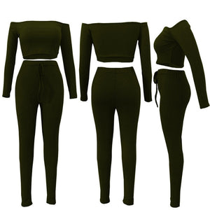 Club Girls  Two Piece Set Off Shoulder Elastic Crop Top And Pants Suits Fitness Stretch Outfit