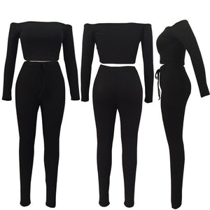 Club Girls  Two Piece Set Off Shoulder Elastic Crop Top And Pants Suits Fitness Stretch Outfit